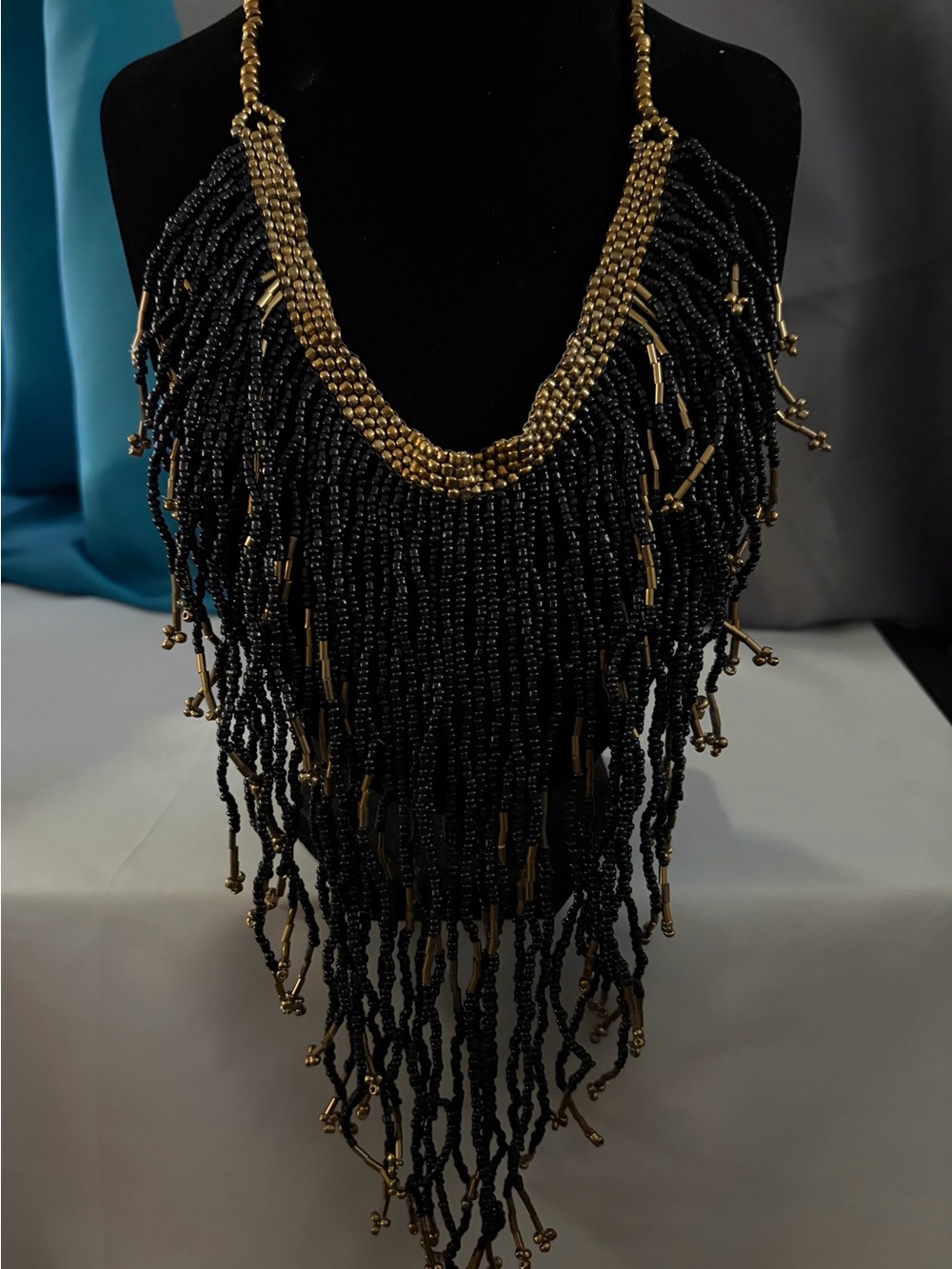 Gold & Black Fringe Beaded Statement Necklace